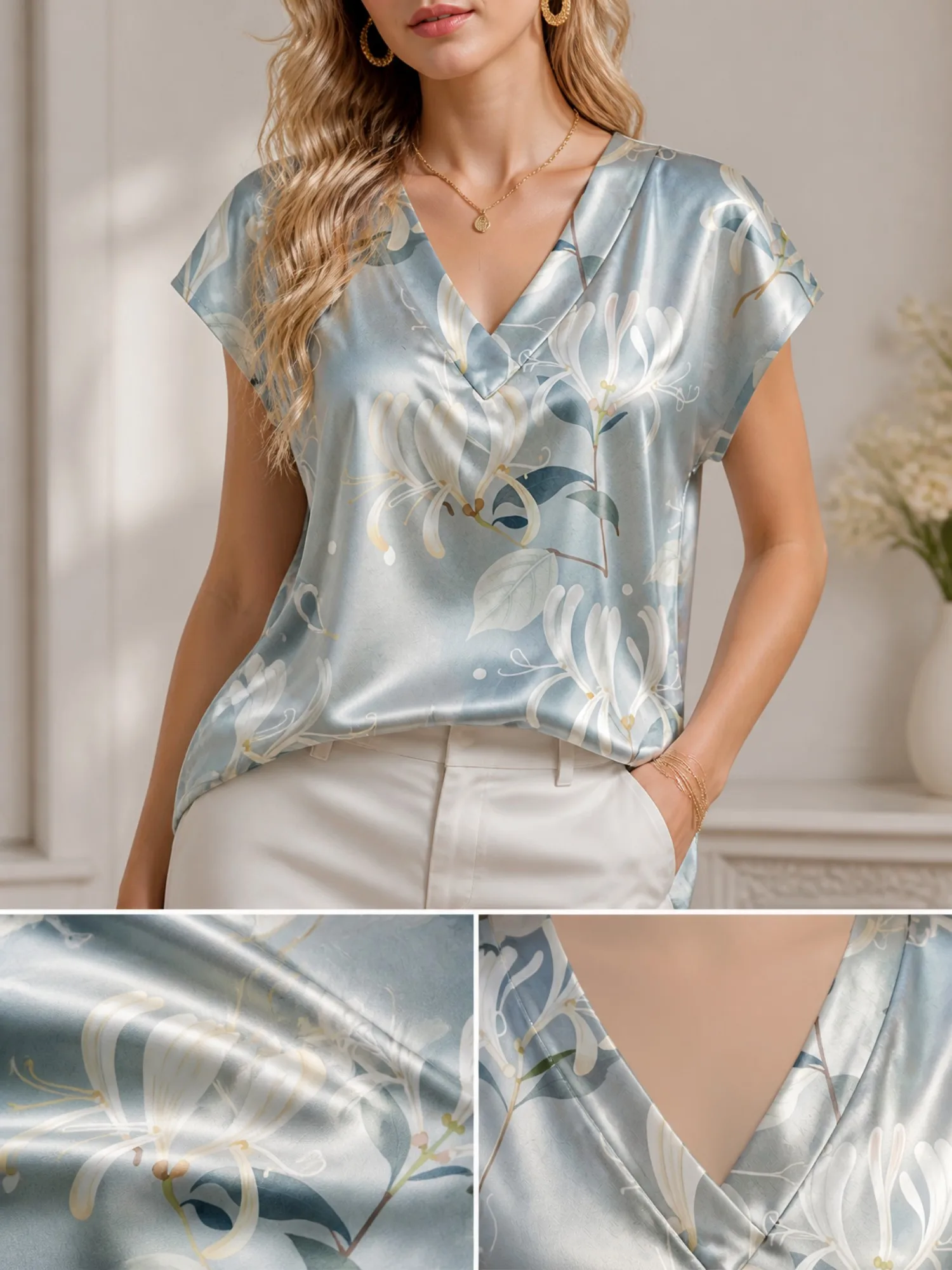 Floral Satin V Neck Top for Women Cap Sleeve Flowy Draped Fit Silky Vacation Beach Daily Wear Lightweight Breathable Summer Glam