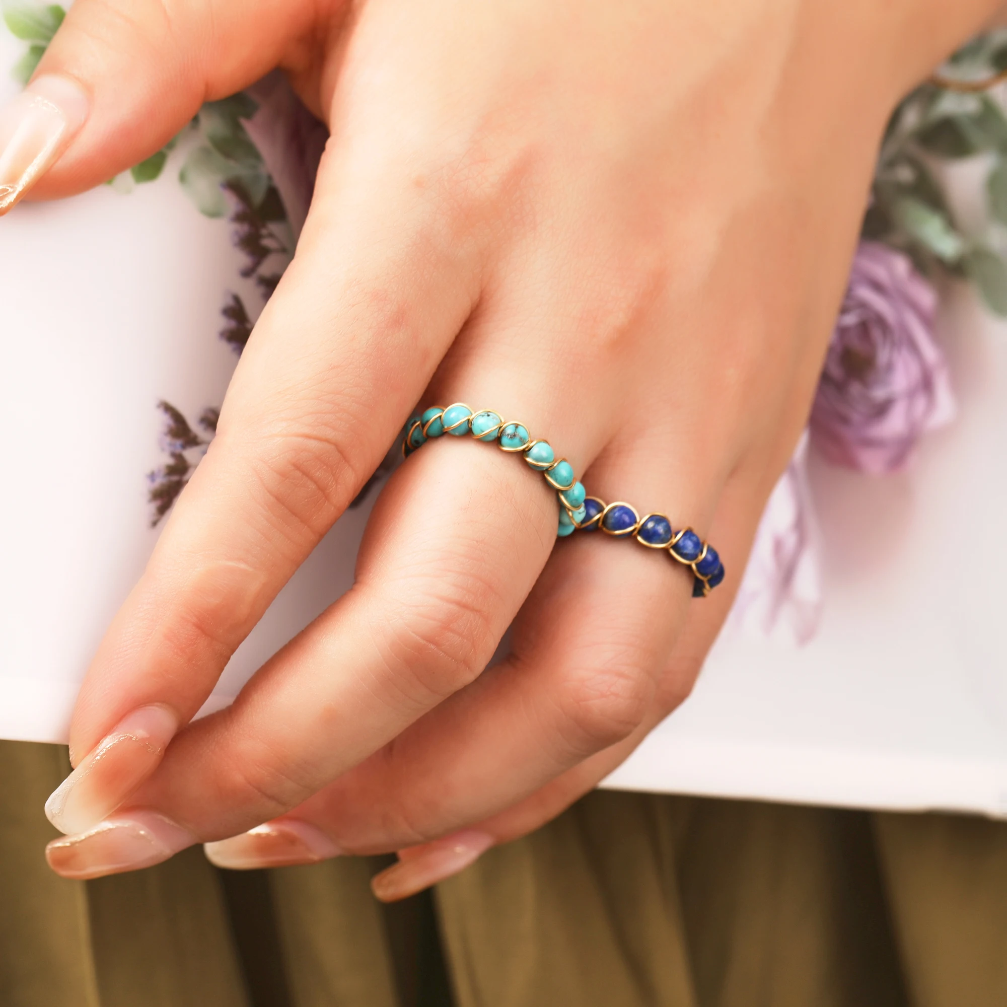 Metal Wire Natural Gemstone Beads Rings Women Lapis Rainbow Tourmaline Handmade Open Ring Designer Party Wedding Jewelry Gifts