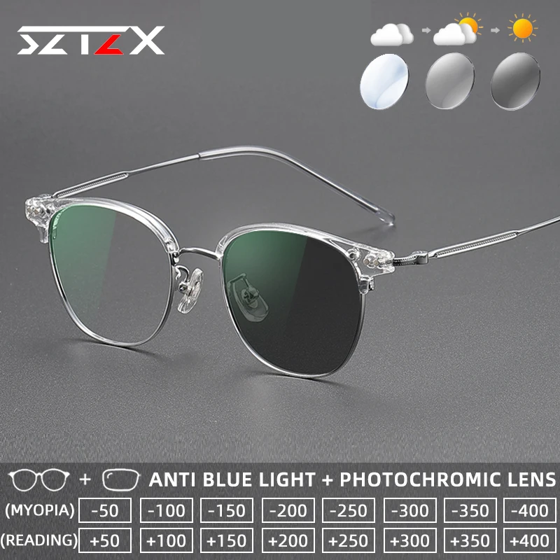 

SZTZX Ultralight Vintage Titanium Photochromic Reading Glasses Anti Blue Light Myopia Glasses Progressive Prescription Eyewear
