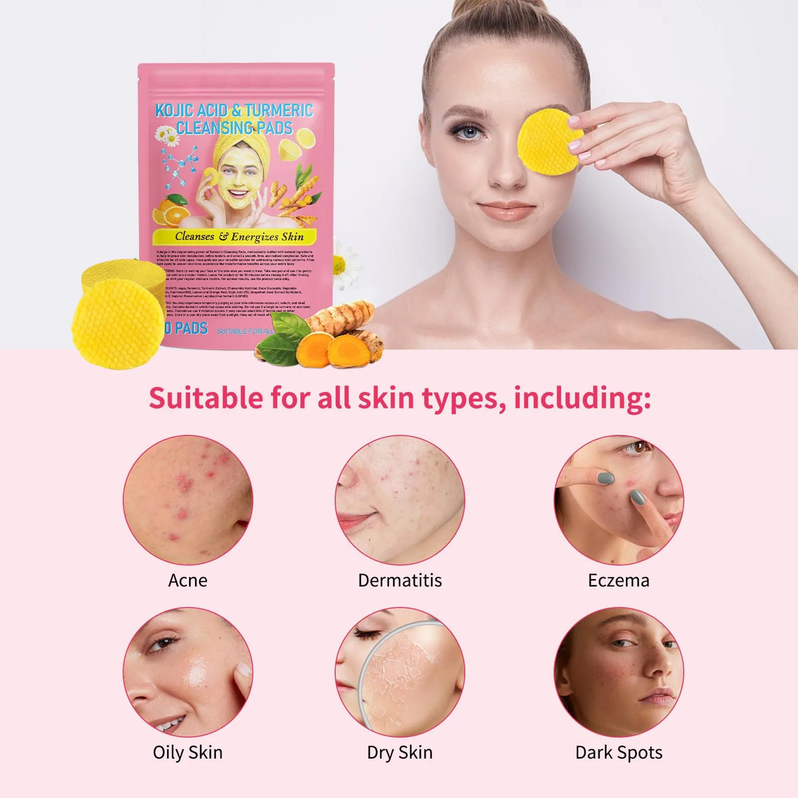 40pcs Natural Ingredients Cleansing Pads Non-Irritating Turmeric Cleansing Pads Suitable for Face And Whole Body