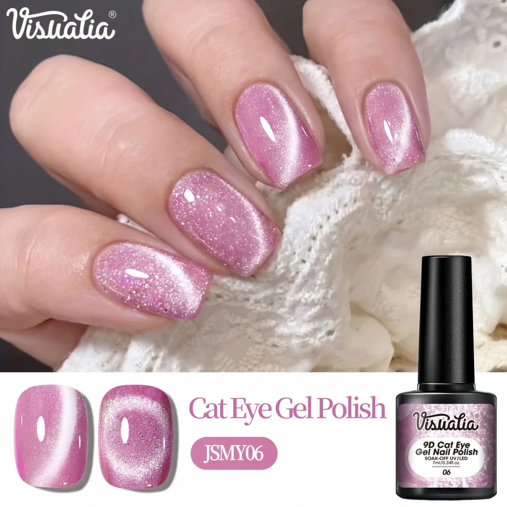 Visuatia Cat Eye Gel Polish features a rose pink base color combined with fine iridescent magnetic powder. When you rotate your finger, it reveals a variety of shimmering effects. The color is even and rich, compatible with UV and LED curing lamps. It has strong adhesion and is not easy to peel off, making it suitable for various nail art occasions such as dates and parties.