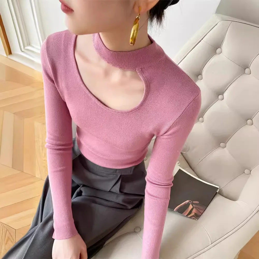 

6880 Hong Kong Style Elegant Half Turtleneck Hollow Out Shoulder Sexy Pure Desire Knitted Top Inner Wear For Women