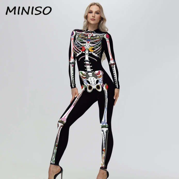 MINISO Frau Cosplay Menschliches Skelett 3D Druck Kostüme Zentai Bodysuit Dress Up Elastische Overalls Urlaub Party Kleidung