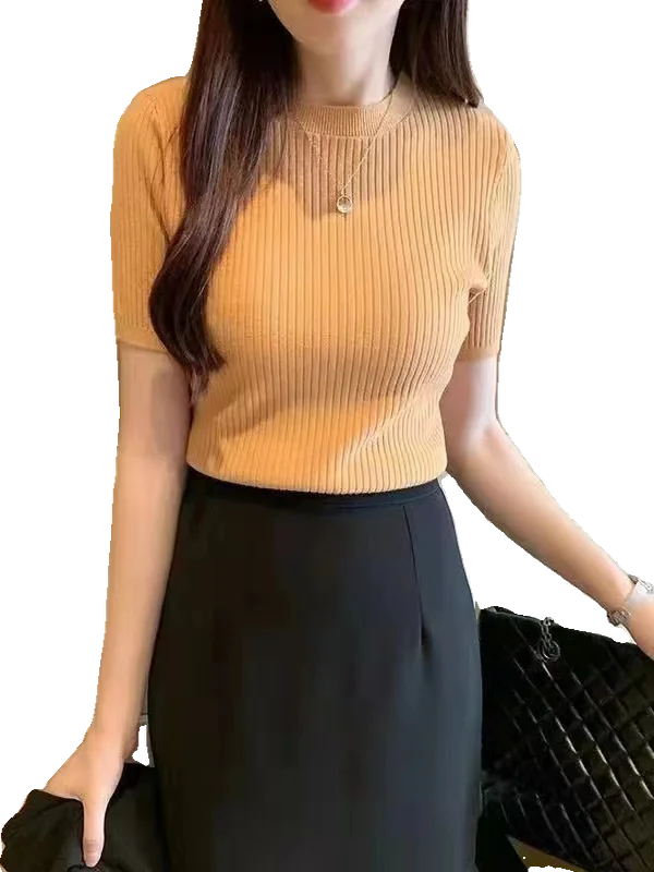 

Bla Knitted Ice Silk ort Sve round Ne Футболка женская Faionable Slim Fit базовый слой весна-лето для поездок на работу