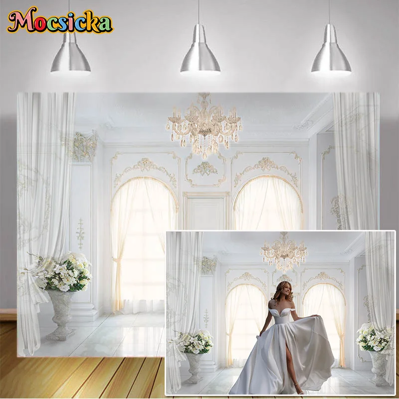 White Palace Backgrounds for Wedding Photography Chandelier Flowers Engagement Party Backdrop Bridal Shower Decoration Banners