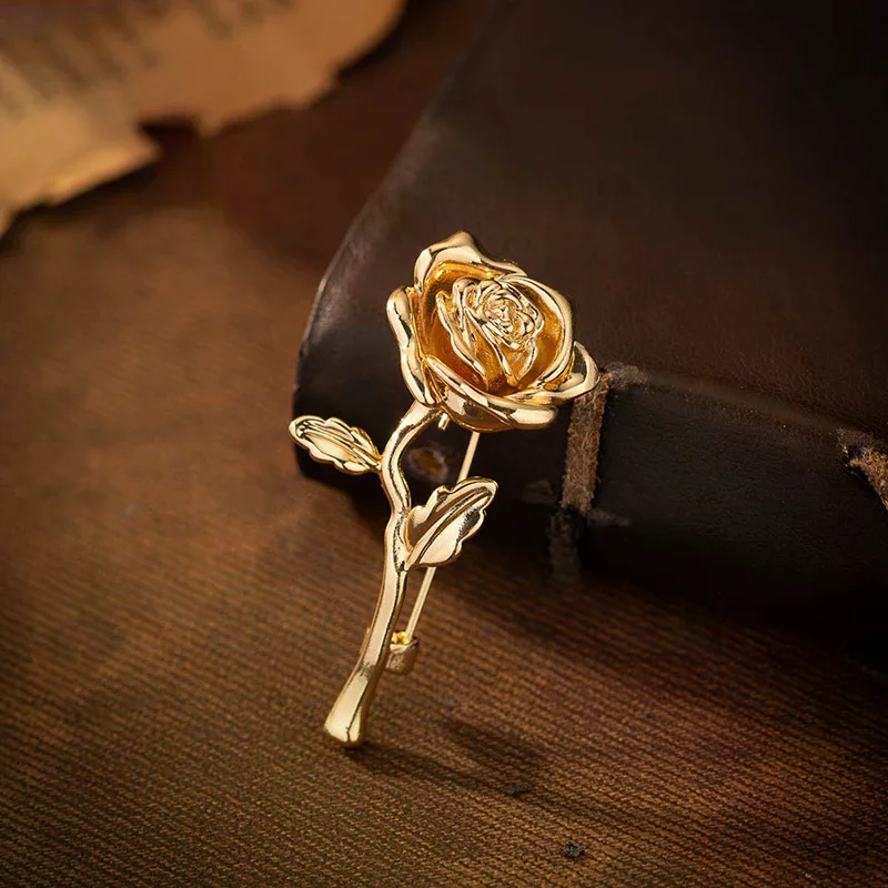 Luxury High-End Gold-Tone Rose Flower Brooch Pin For Women & Men - Elegant Suit Coat Badge Fashion Jewelry Lapel Accessory