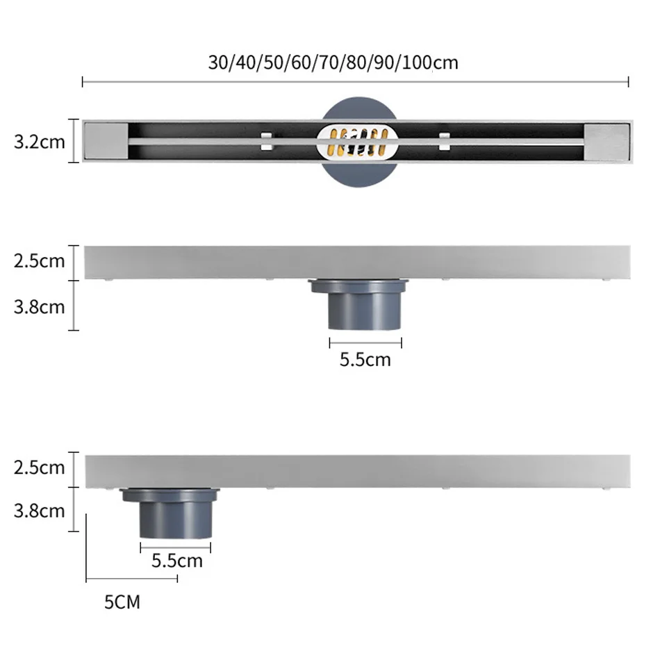 نحى الطابق استنزاف 304 الفولاذ المقاوم للصدأ سميكة ضيقة WC الحمام دش طويل الخطي الصرف قطاع مصارف أرضية جانبية 3.2 سنتيمتر