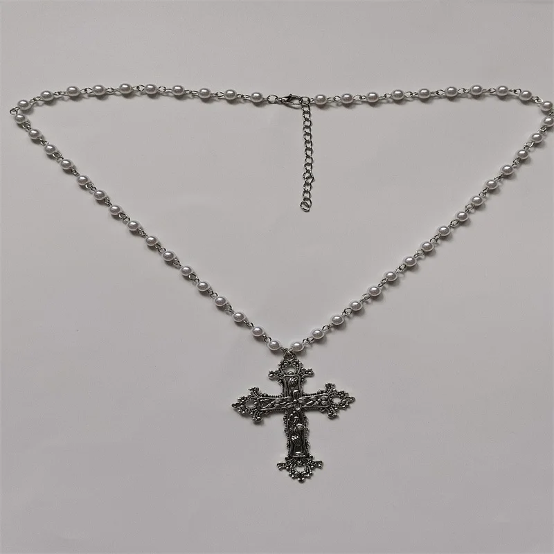 Gothic Large Detailed Cross Pendant Necklace White Pearl Crucifix rosary 2022 Women Fashion Charm Statement Jewelry Gift