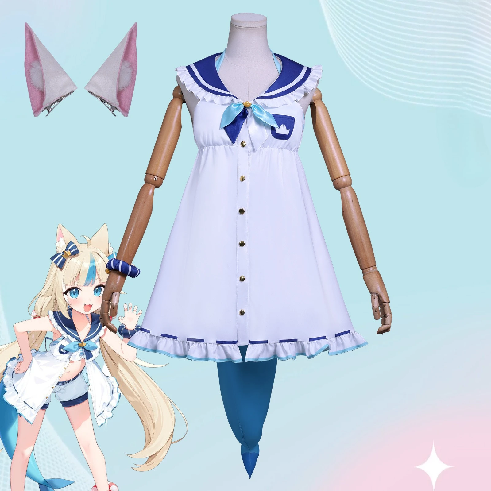 

Sameko Saba Косплей Костюм Парик HSIU Блондин Длинный Хай Костюм Матроса Наряд Милое Платье Vtuber Hololive Gura Shark Косплей Костюм Парик