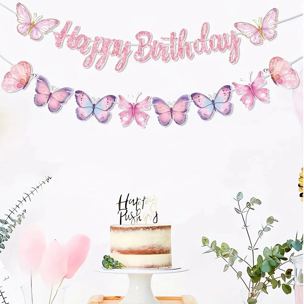 Pastellrosa Lila Schmetterling Geburtstags-Wimpelkette, Glitzer-Buchstaben Happy Birthday Girlande für Mädchen-Geburtstagsfeier Innendekoration – Detail 3