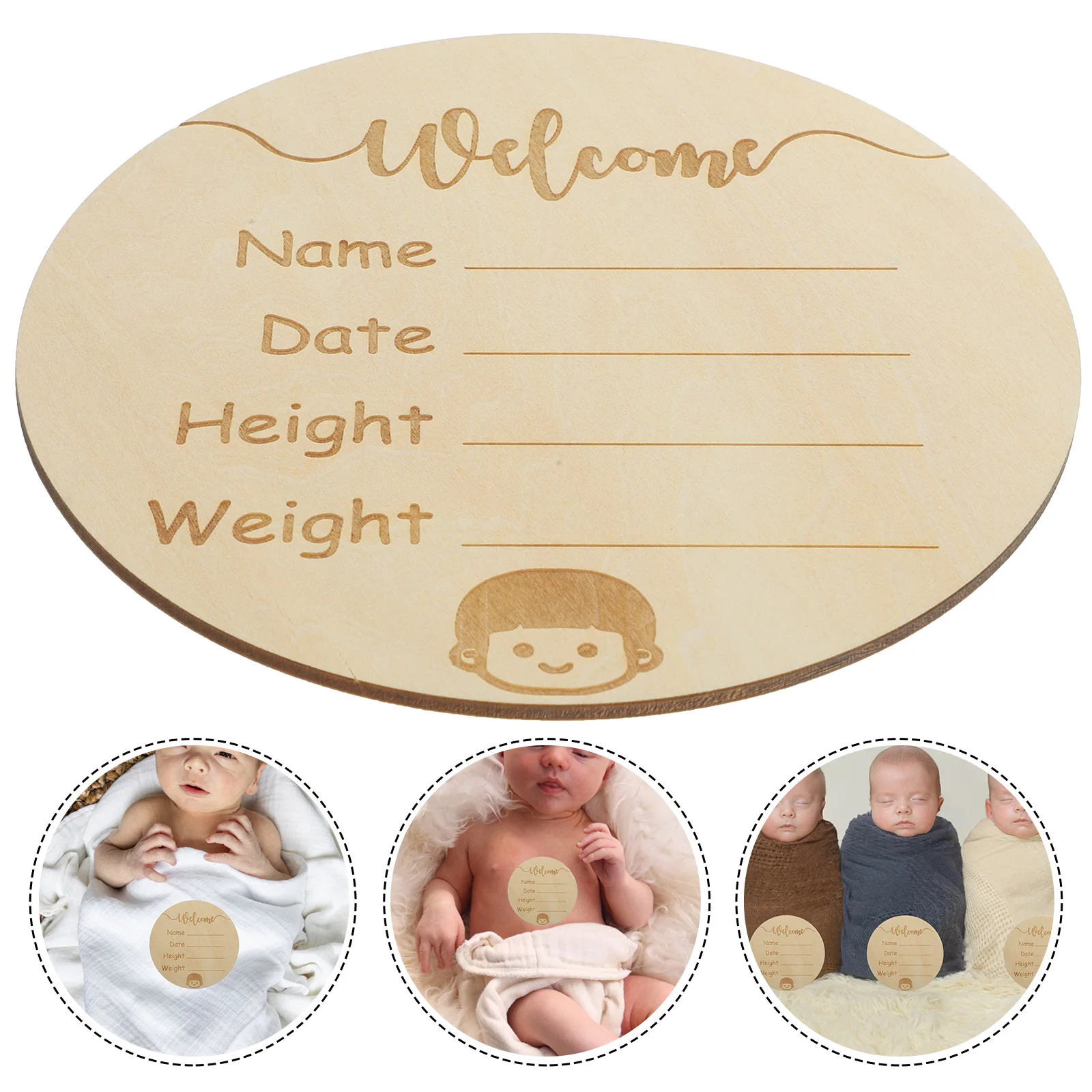 

Baby Arrival Sign Newborn Bulletin Board Basswood Plywood Round Wood Name Tag Birth Announcement Decor 6 Inches Natural Handmade