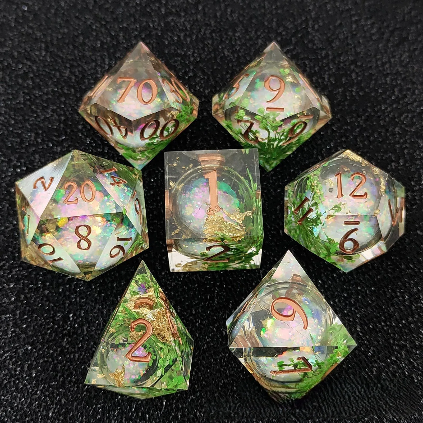 

DnD Dice - Resin Multi sided Dice, Golden Cypress Grass Design, 7 Transparent RPG Dices, Suitable for RPG Role Playing
