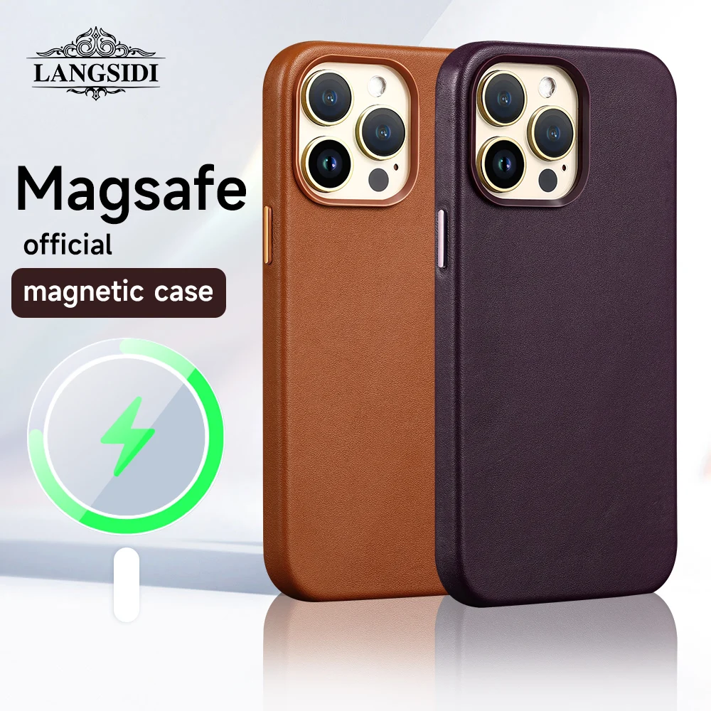 LANGSIDI Original Genuine leather for Magsafe Case for iPhone 14 13 Pro Max 14pro 14plus Luxury Wireless Charging magnetic Cover