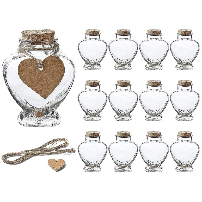 

12Pcs 1.5oz Heart Shaped Small Glass Jars with Cork Lids Label Tags String Honeymoon Glass Favor Jars Heart Glass Wish Bottles