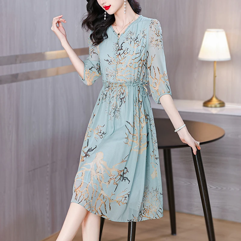 

Silk Dress 2024 Summer New Collection Waist Gentle French Mulberry Silk Flower Print Temperament Knee length A-line Long Dress