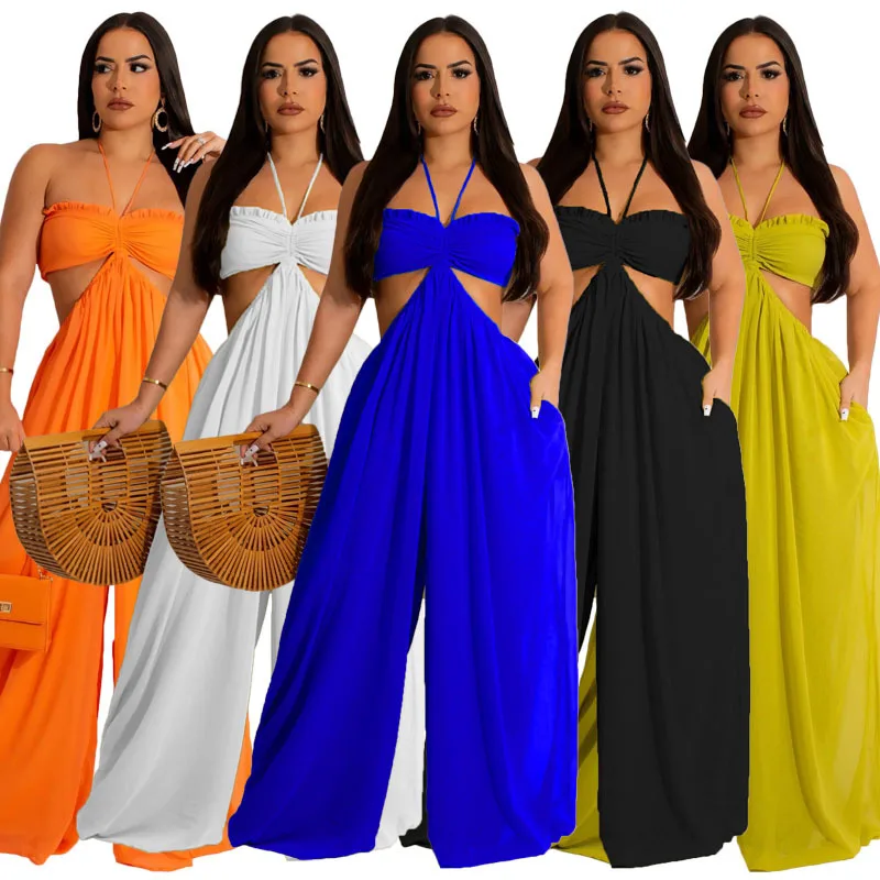 MUSERA Boho Ruched Bust Extreme Wide Leg Jumpsuit Boho Spring Summer Vacation Beachwear Ibiza