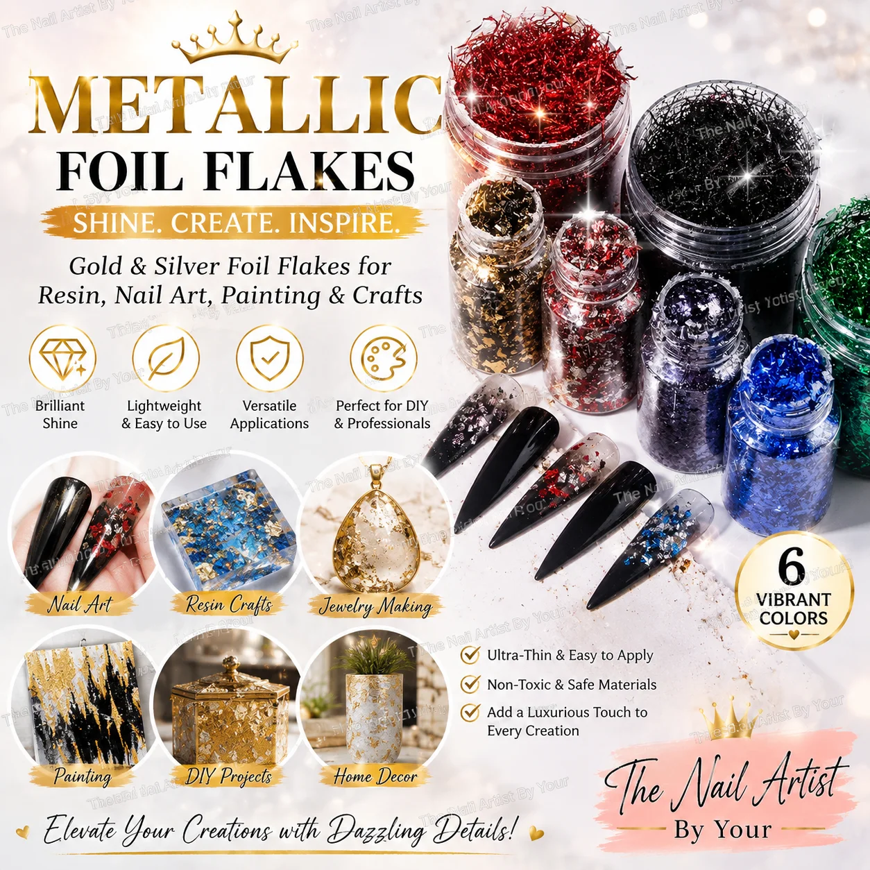 Flocos de Folha Metálica Dourada e Prateada, Papel Decorativo, Enchimentos para Moldes de Resina, Fabricação de Joias em Resina para Arte de Unhas, Pintura, Artesanato