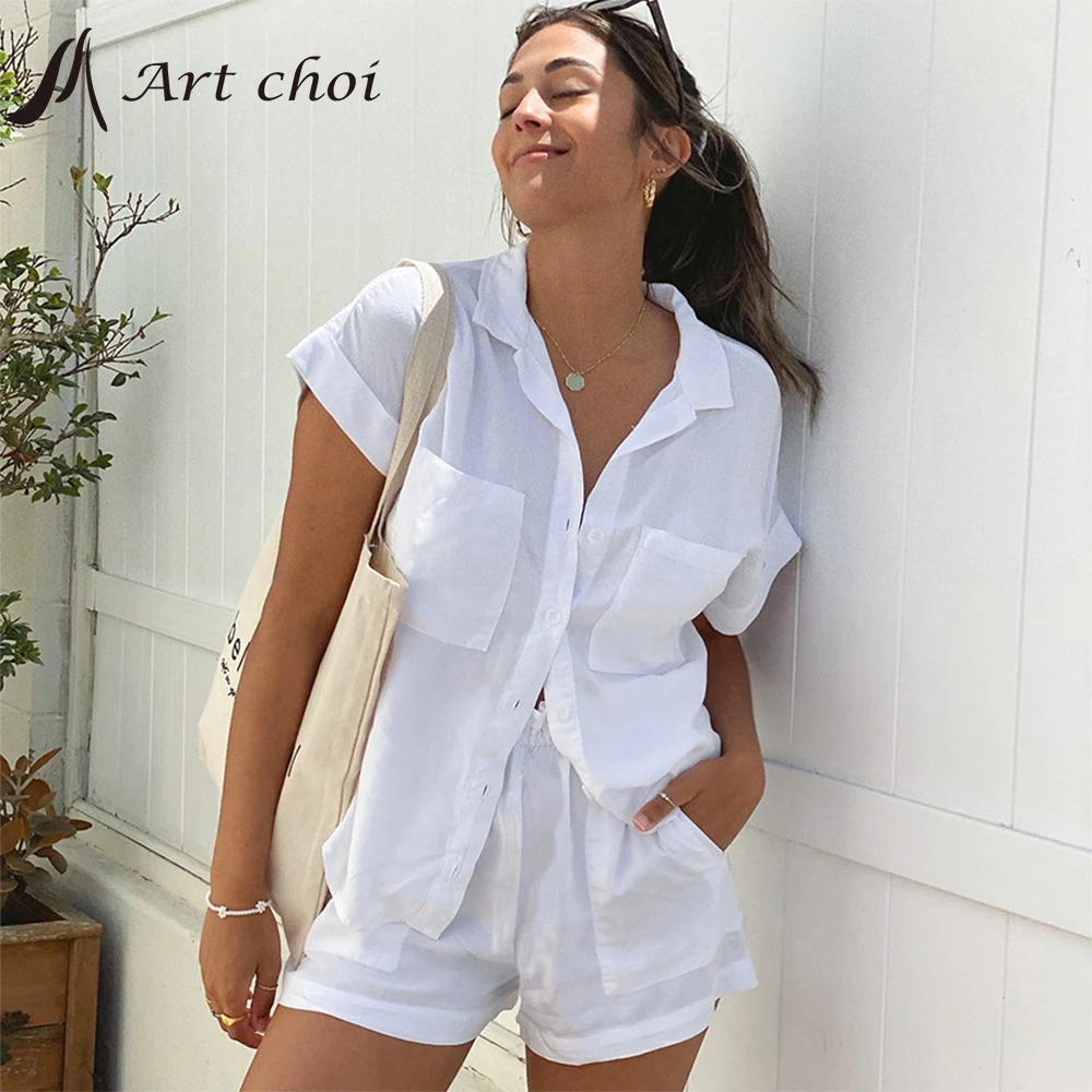 

2022 Summer Cotton Linen Two Piece Set Tracksuit Casual Outfit Suits Women White Shirt Blouse Tops Shorts Pants 2 Piece Sets