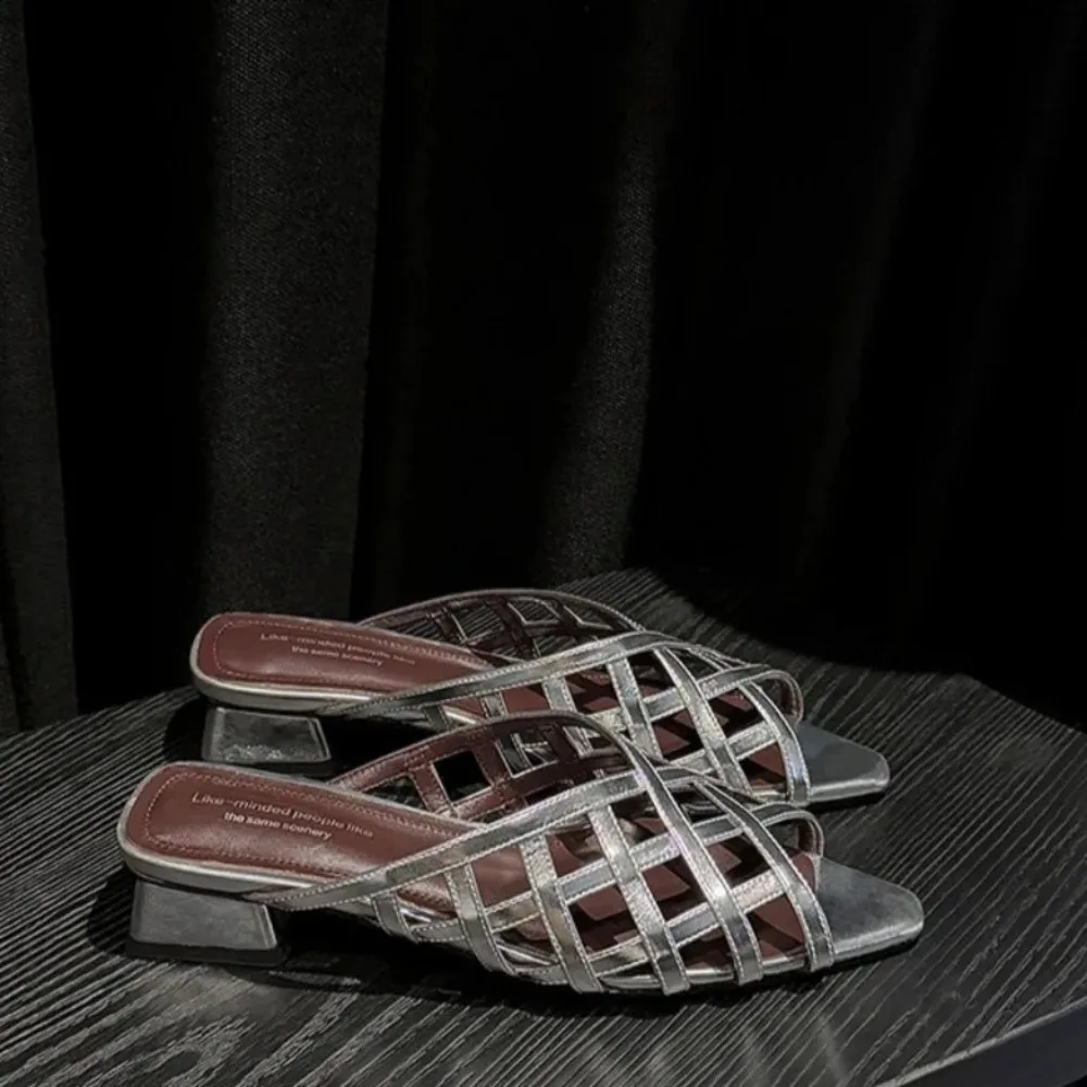 2026 New Silver Metal Grid Mules Women Square Toe Cross Strap Chunky Heel Slip-on Elegant Party Evening Sandals