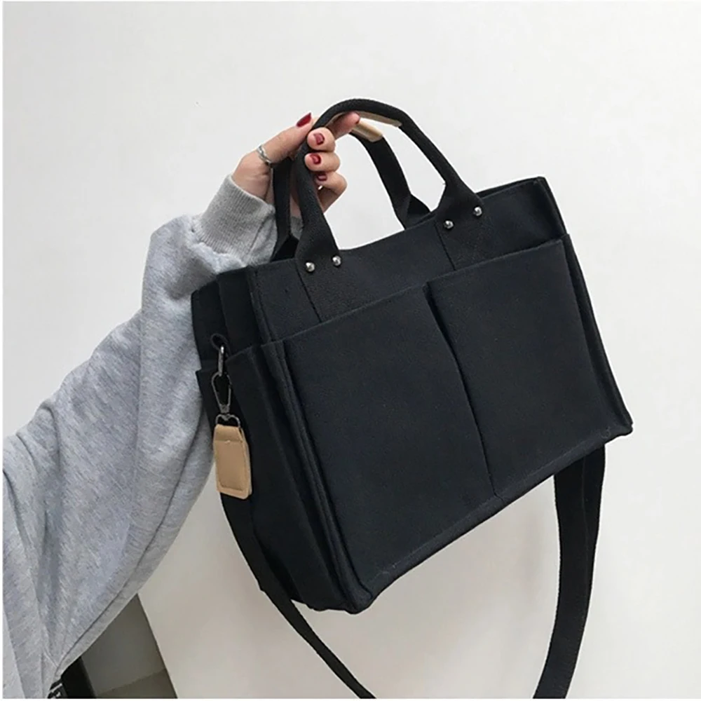 Casual Canvas Women Bag Portable Professional Handbag Large Square Bags With Pockets Woman Female Lady Crossbody