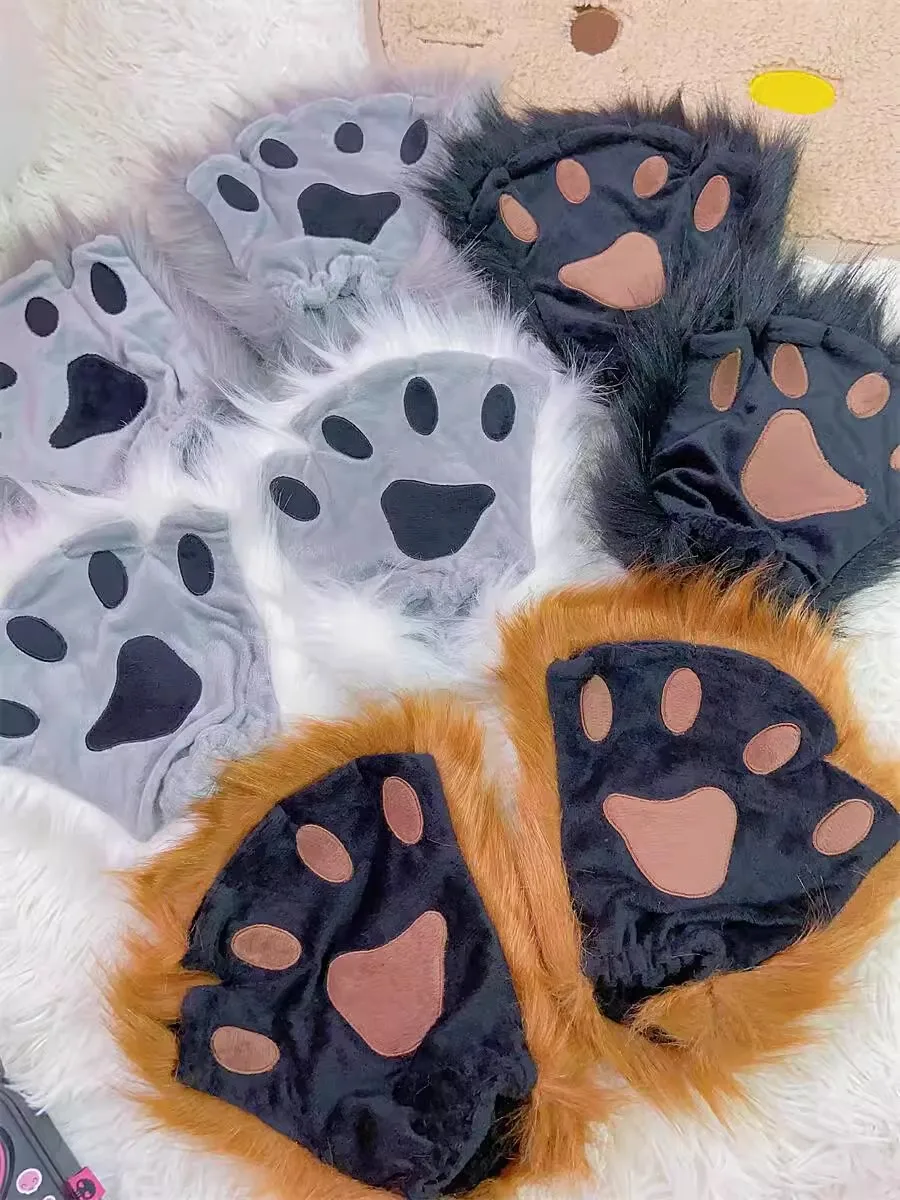1Pair Handmade Cute Y2K Spicy Girl Cat Paw Gloves Furry Lolita Japanese Style Autumn Winter Warm Women's Fingerless Gloves