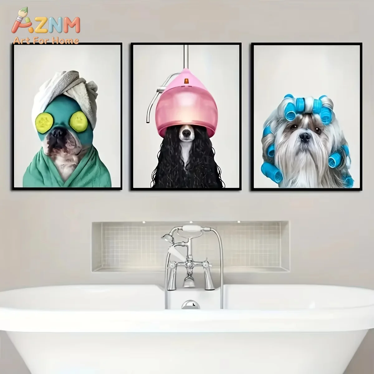 AZNM 3Pcs Funny Spa Dog Canvas Wall Art, Cute Puppy Facial Mask Hair Curlers Dryer Print Frameless Canvas Painting, Humorous Bat