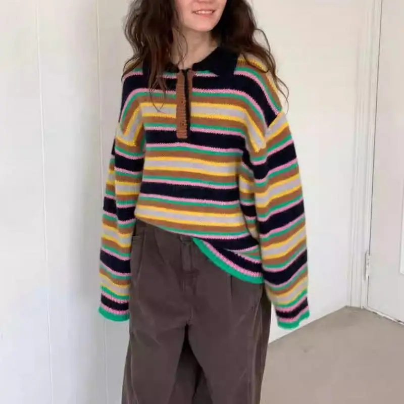 

ZHISILAO новый винтажный мягкий пуловер в полоску, женский свитер на осень-зиму 2025 топы, повседневный вязаный свитер с длинными рукавами