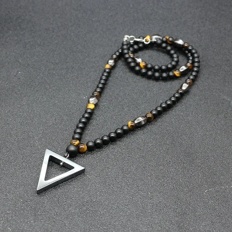 6MM Matte Black Gate Beads Necklaces Geometric Triangles Pendant for Men Long Beaded Chain Fashion Male Jewelry