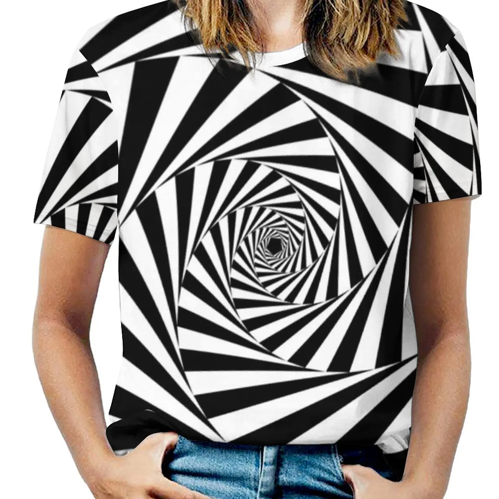 Women T Shirt Black And White Eyes Optical Illusion T-Shirts Short Sleeves Aperture Spiral Modern Abstract Tops Casual Clothes