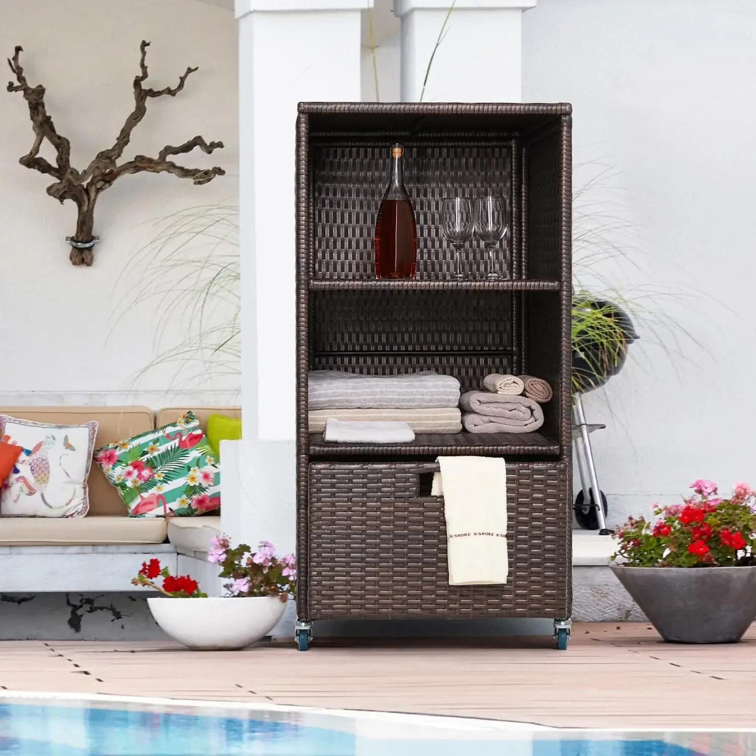[High-Quality, Hot Deal!]Outdoor Pool Towel Storage Cabinet Organizer Towel Valet Rack with Storage Shelves & Drawer Patio Wicke