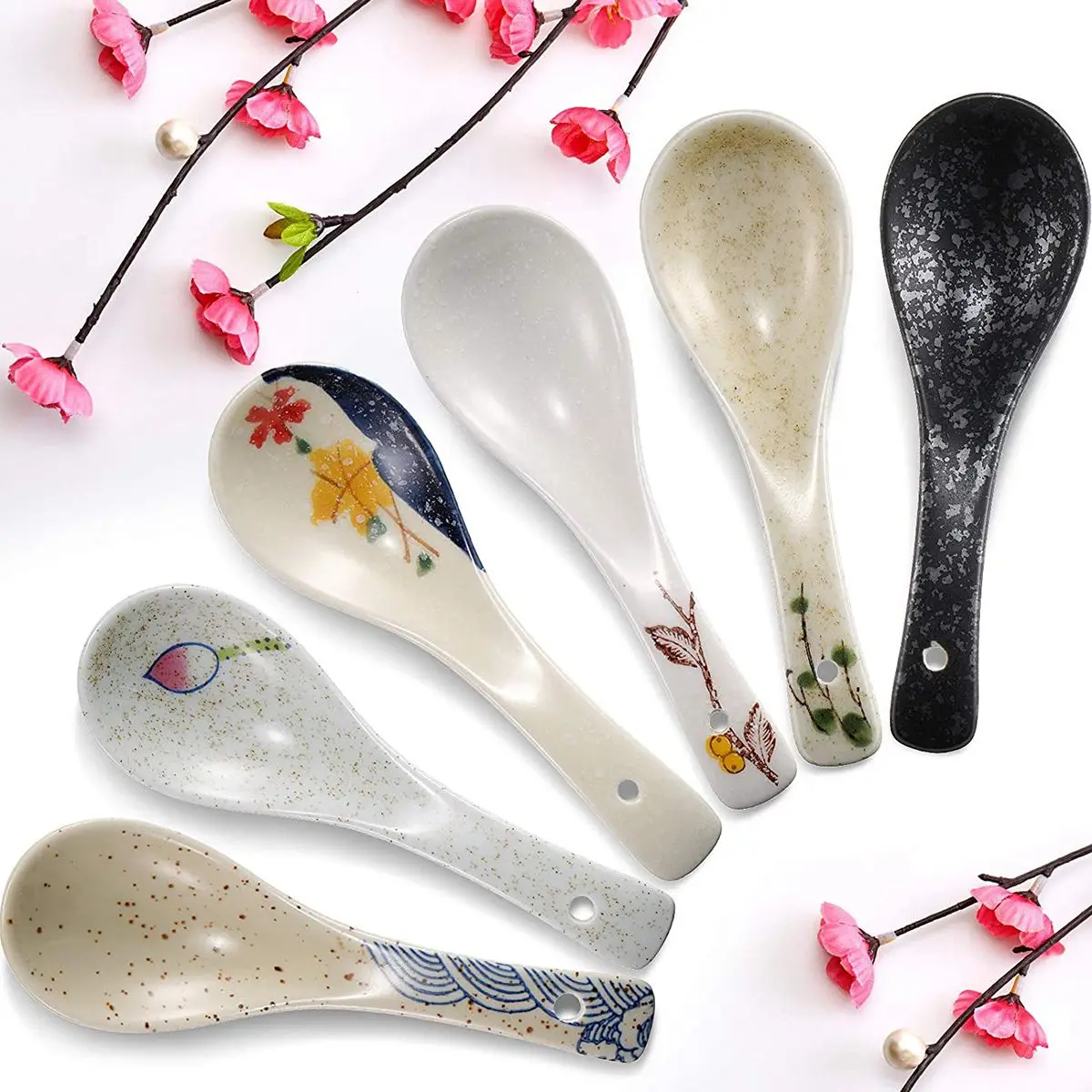 1Pc Japanese-style Ceramic Soup Spoon Handpainting Lotus Willow Underglaze Children\'s Rice Spoon Kitchen Tableware Accessories