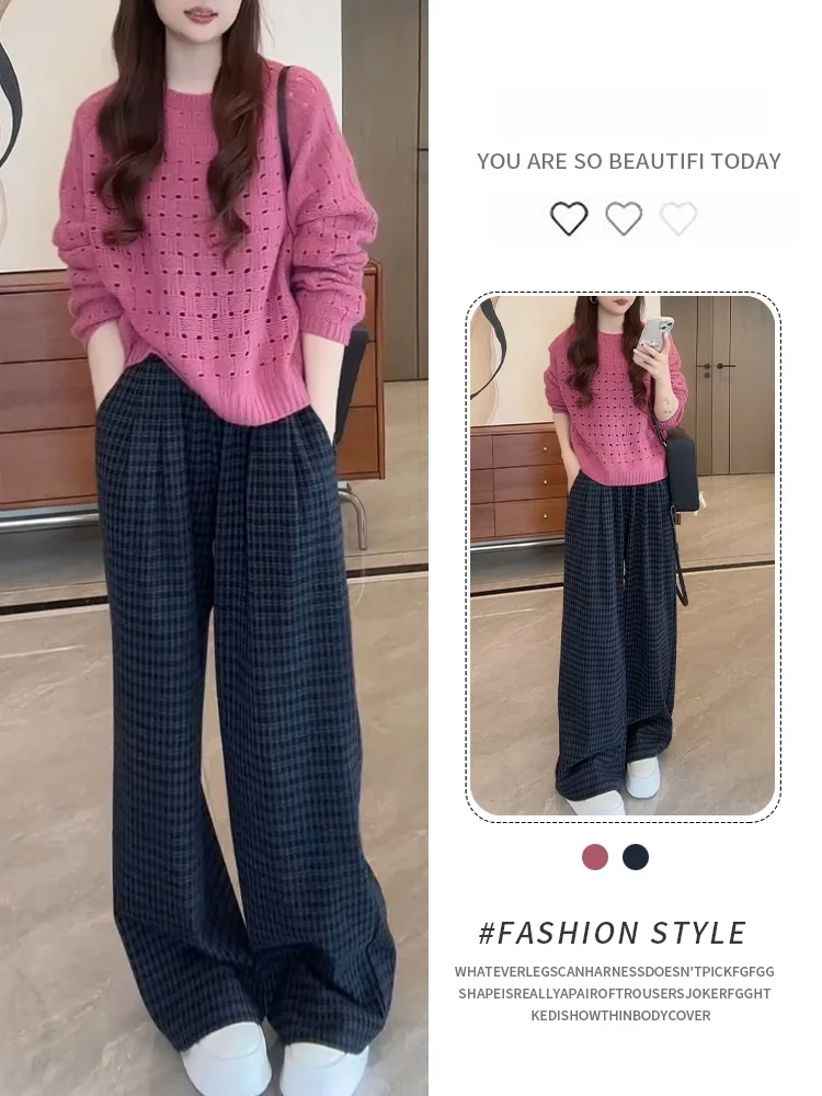 

Early Spring Women's Faion Set Pure Color Knitted Long Sve Hollow out Casual Pants Plaid Pattern Breathable mid Weight