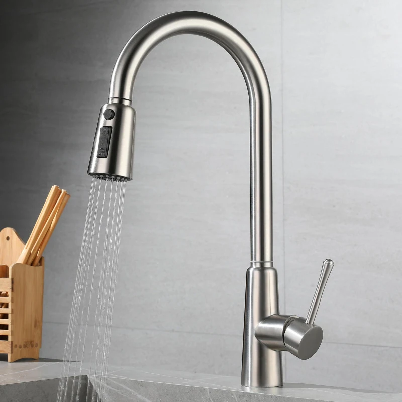 304 Stainless Steel Vegetable Washbasin, Pull-Out Cold And Hot Water Faucet, Sink, Three-Speed Shower Head, Kitchen Faucet, 360°