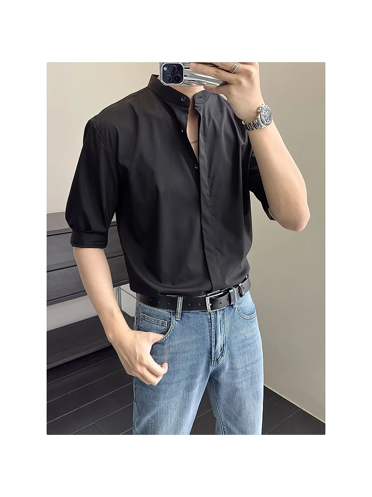 

Lightweight Men's Short Sleeve Shirt Summer Chinese Style Stand Collar Ice Silk Drapey Fashionable mid Sleeve Top Male