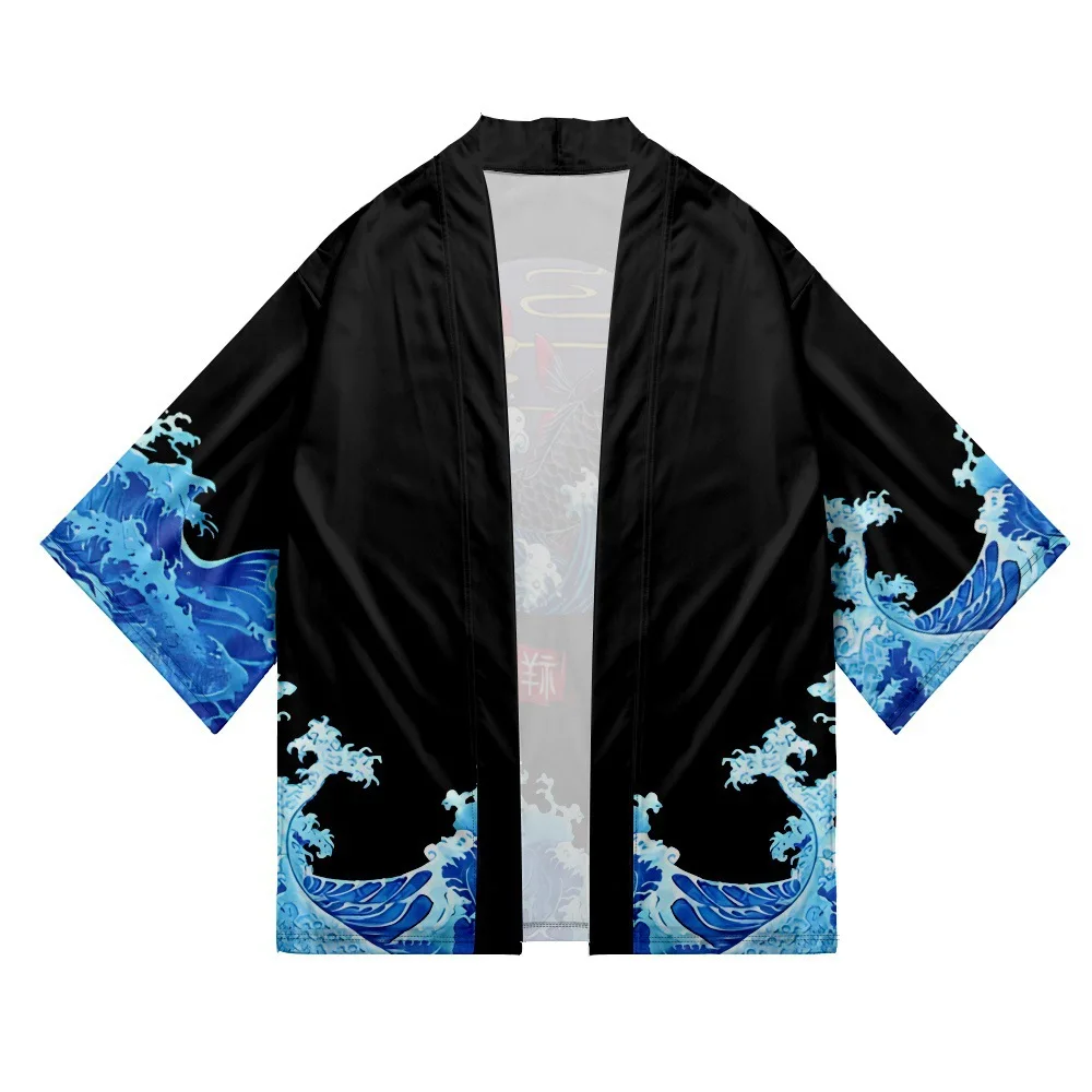 2026 Japanse kimono golfkarperjas voor heren en dames, groene traditionele Haori wollen trui met open kraag, Japanse zwarte strandjurk