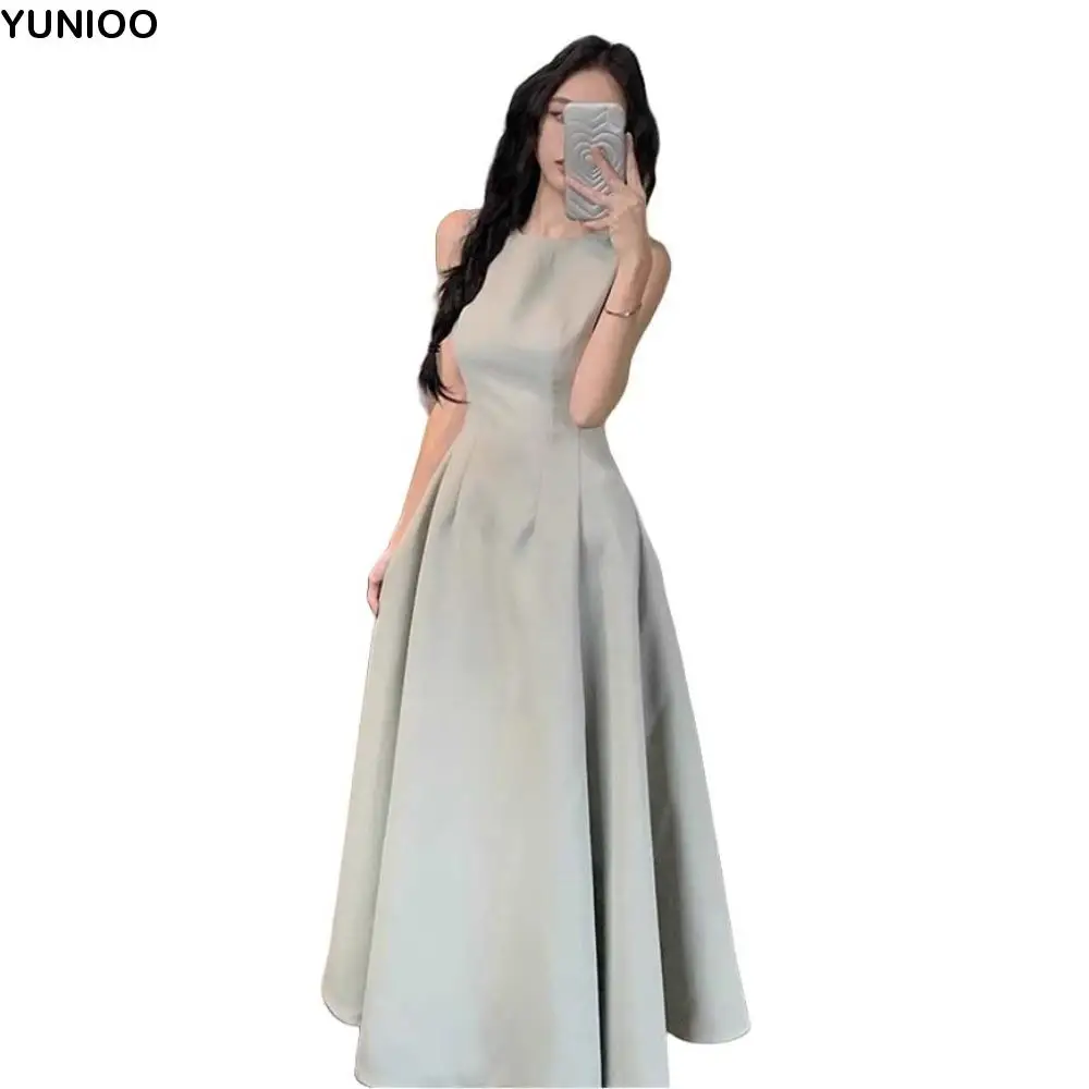 

U Neck Sleeveless Long Dress Temperament Sleeveless Vest Solid Color Long Skirt A-line Elegant Women Korean Dress Party