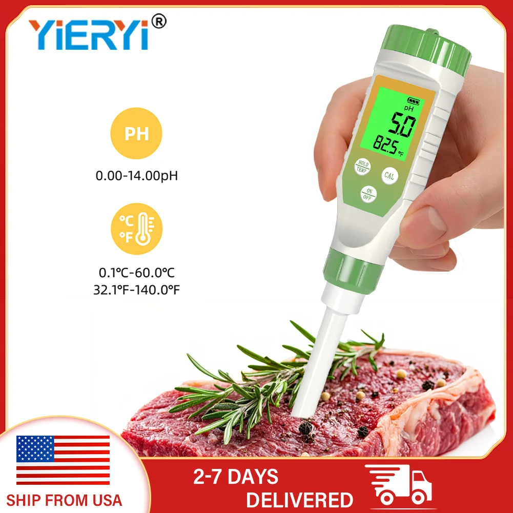 

YIERYI Food pH Meter for Fermentation Cheese Meat Jam – Waterproof Digital pH Tester with ATC, Spear Tip, Backlit LCD Display