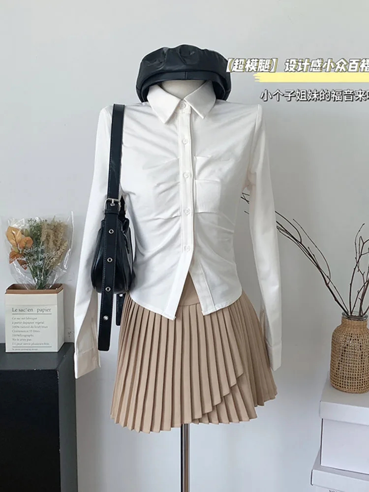 

Japanese Streetwear Khaki Skirts Office Lady Cozy High Waist Pleated Skirt Asymmetrical Elegant Preppy Style 2000s Aesthetic Y2K