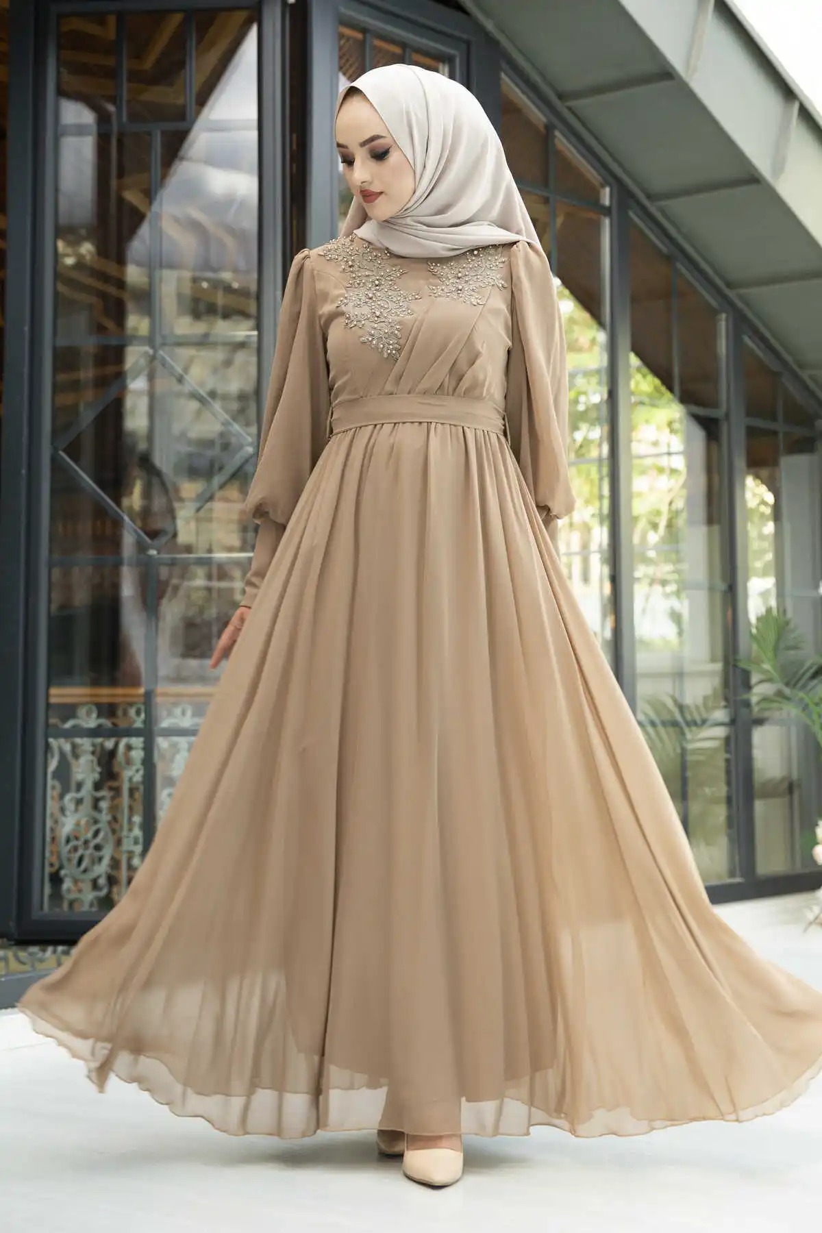 Pearl Detailed Chiffon Evening Dress Beige