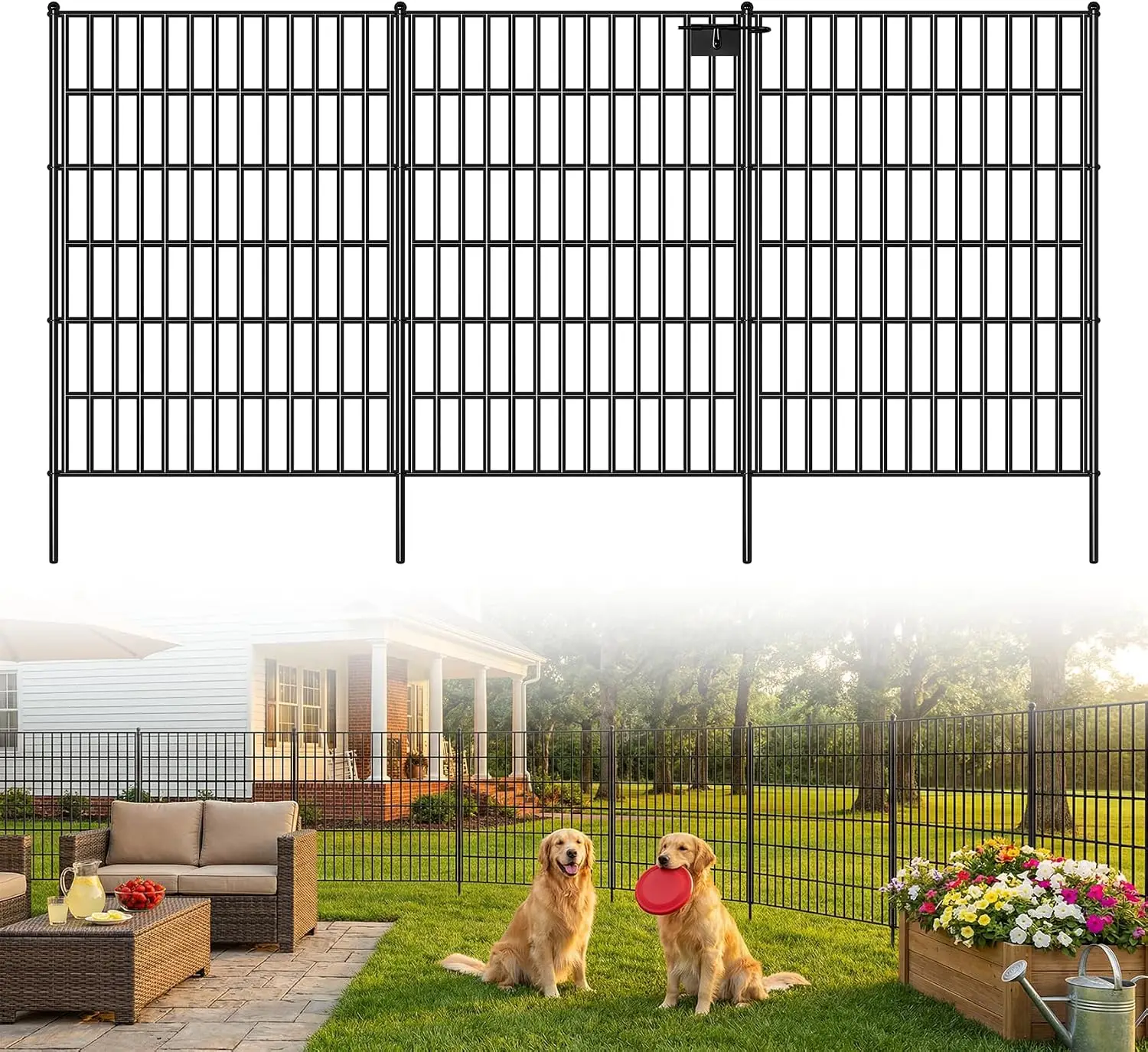 10 Panels No Dig Decorative Garden Fence with Gate, 40in(H) x 26.0ft(L), Dog Fence Outdoor for Yard - Rustproof Metal Animal