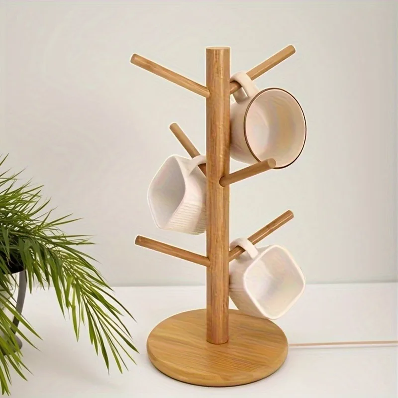 1 Stück eleganter Bambus-Becherhalter mit Holzoptik, platzsparender Küchenorganizer, mit mehreren Haken, ideal für Zuhause oder Büro.