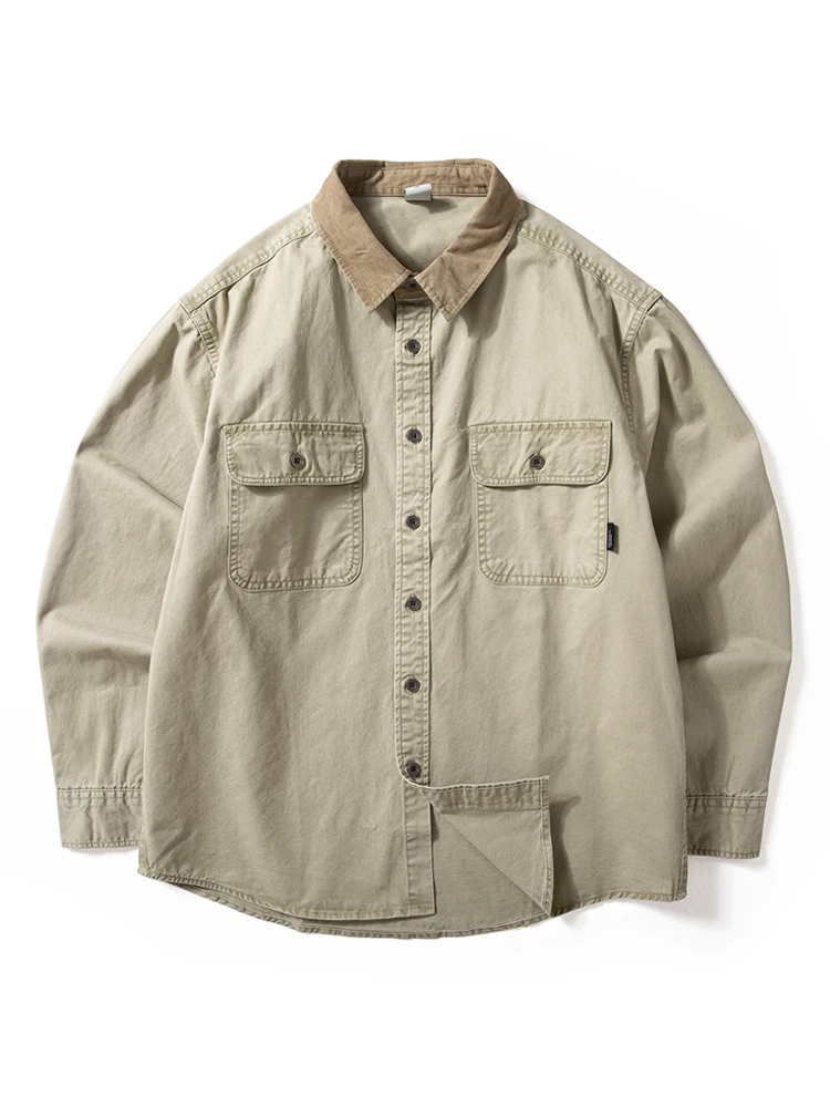 

Рабочая рубашка из стираного хлопка, мужская, с длинным рукавом, утолщенная, свободного кроя, с американским воротником, весенне-осенняя, легкая верхняя одежда, модная