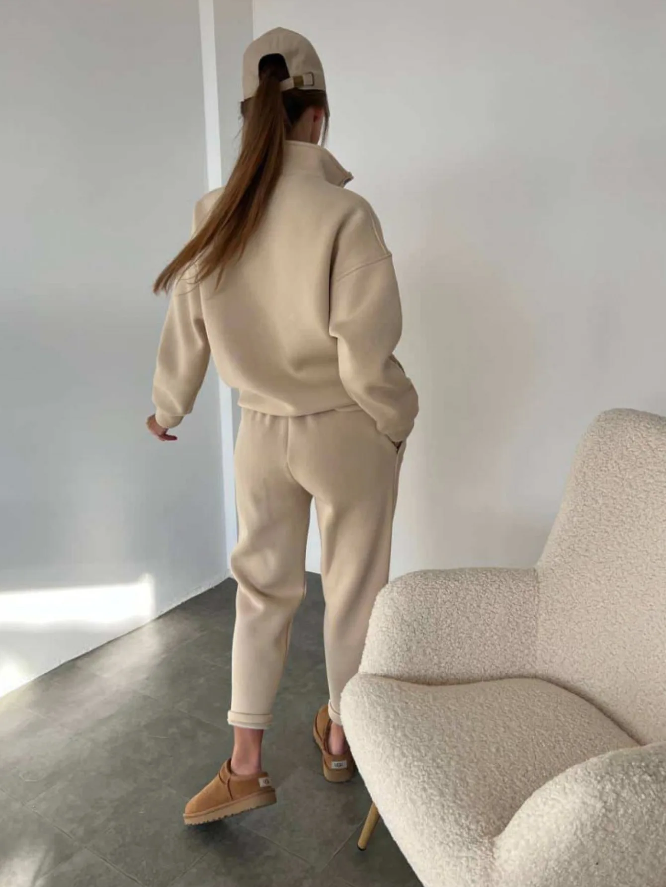 Autumn Winter Thick Women Hoodie Suits 2 Pieces Sets Female Stand Collar Pullover Top & Long Pants Set Fashion Casual Outfit