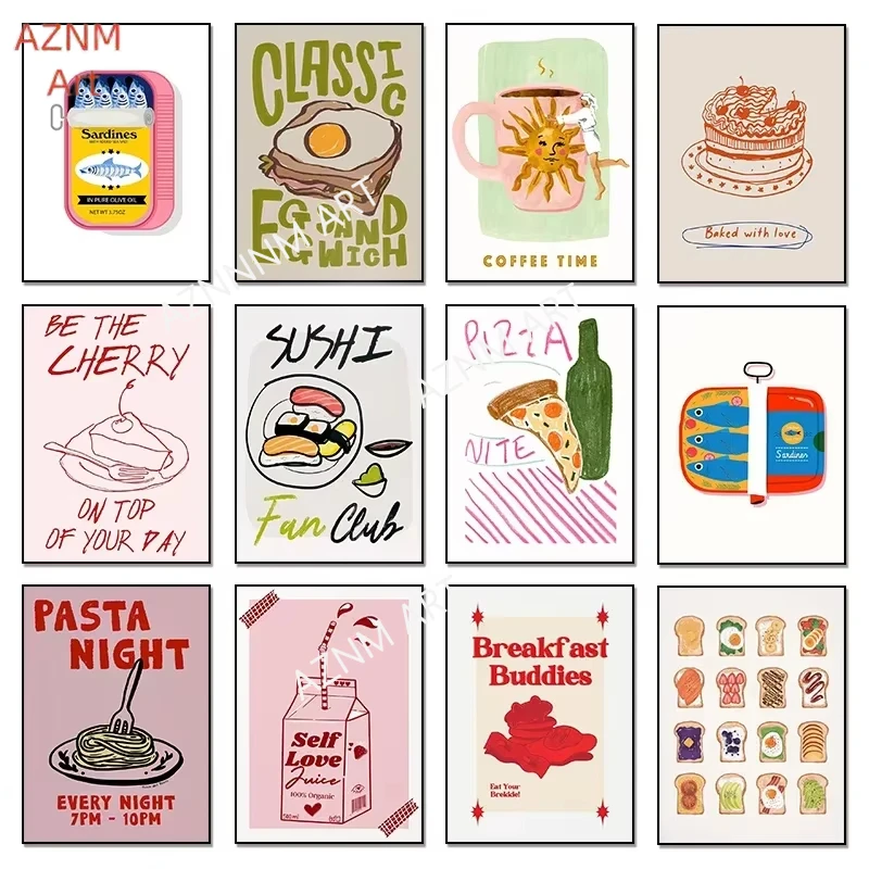 Moderne Küche Köstliche Lebensmittel Pizza Sardinen Kaffee Nachmittagstee Retro Poster Leinwand Gemälde Wand Kunst Bilder Wohnkultur