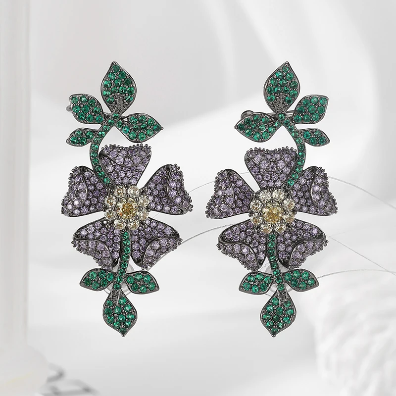 

SENYU Elegant Purple CZ Leaf Flower Dangle Big Size Luxury Wedding Cuff Earring High Quality Dubai Jewelry for Brides