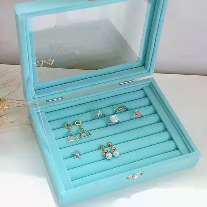 Velvet Rings Box Jewelry Display Case Storage Organizer Ring Earrings Box Dustproof Transparent Flip Lid Jewelry Box