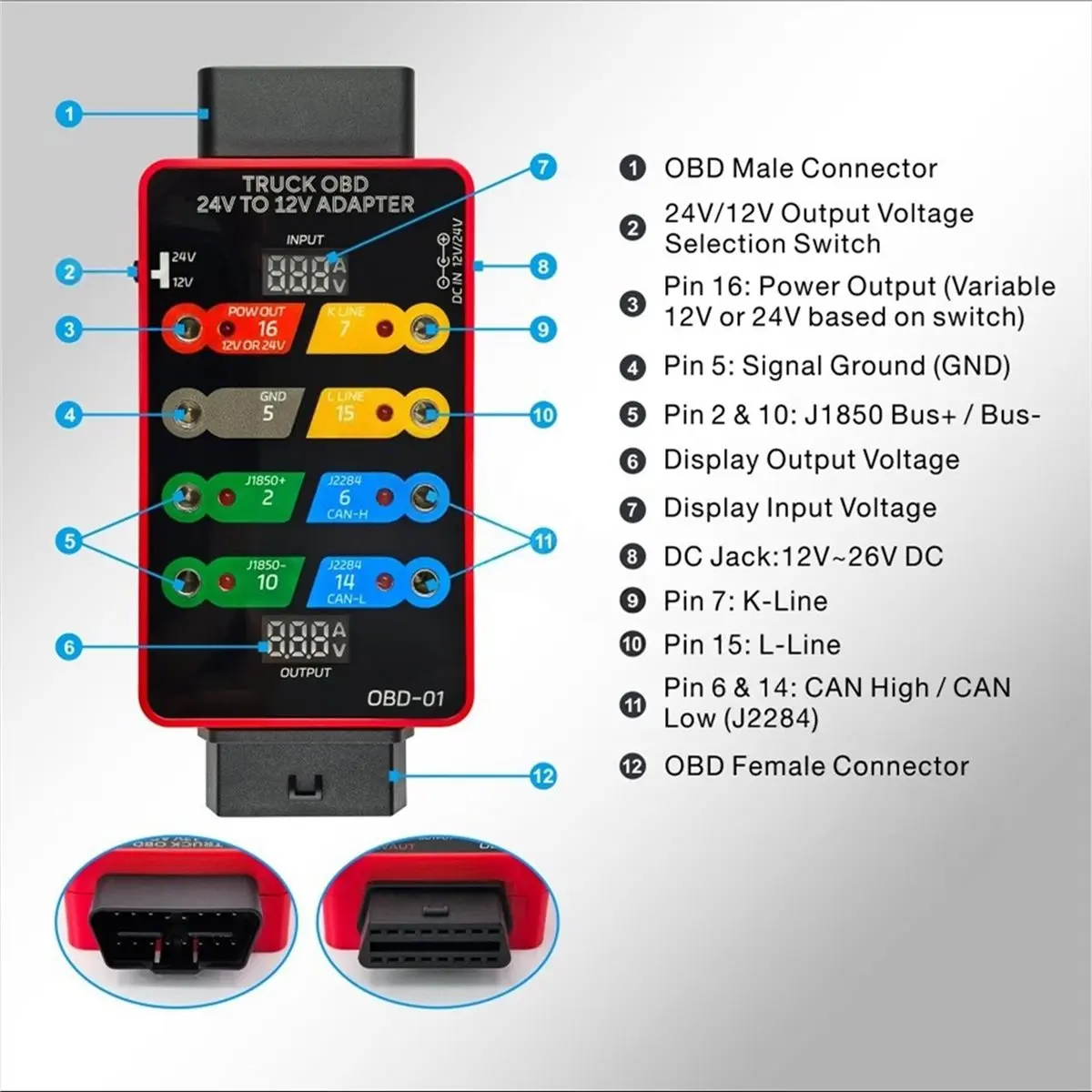 A67F Truck OBD2 24V to 12V Adapter Breakout Box with Dual LED Voltage Current Display Signal Detector for Heavy Duty Scanner
