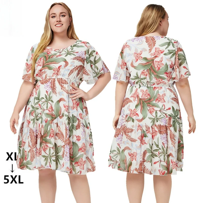 

2024 European and American Sea plus Size Women's Clothing Summer New round Neck Short Sleeve Printed Fat Sister Chiffon Dress