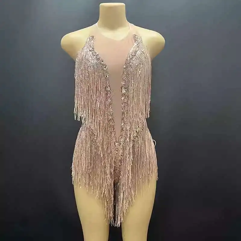 

2025 New Shiny Tassel Latin Dance Dress Nude Color Slim Fit Elegant Sexy Ultra Short Jumpsuit