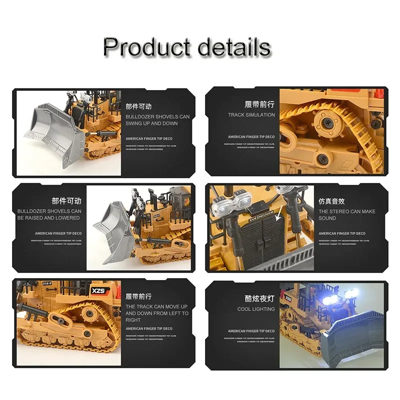 1:24 9CH RC Bulldozer Truck Car 11CHCrawler Type Alloy Shovel Engineering Forklift Heavy Excavator Children Toys Gifts for Kids